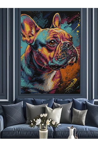 Ahşap Tablo Renkli Fransız Bulldog Portresi
