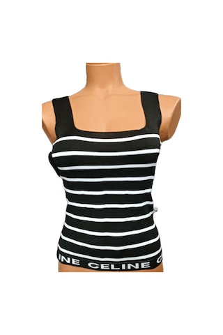 Pazarız Siyah Beyaz Çizgili Kare Yaka Atlet Triko Bluz Crop S / M / L Beden Uyumlu Siyah Beyaz Çizgili