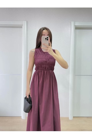 Kolsuz Göğüs Lastıklı %100 Poplin Uzun Elbise - Bordo Bordo