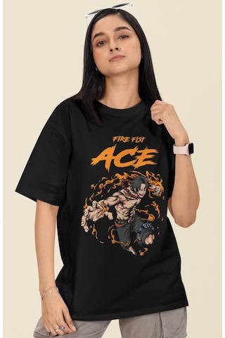 Fire Fist Ace Portgas D. Ace Baskılı Unisex Oversize One Piece An Siyah