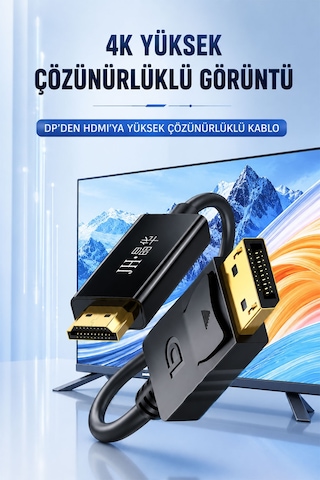 Displayport - Hdmı 4k Ultra Hd Kablo, Dp - Hdmı Dönüştürücü, 3840x2160 Görüntü Aktarımı, Monitör Tv Projeksiyon Uyumlu, Altın Kaplama, Kilitli Bağlantı Z623e
