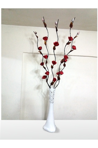 160cm Uzun Dallı Kırmızı Çiçekli 60cm Uzun Desenli Beyaz Vazo