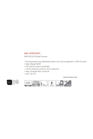 Dahua Hac-Hfw1200Tl-0360B 2Mp 3.6Mm 40 Mtgece Görüş Hd-Cvı Kamera