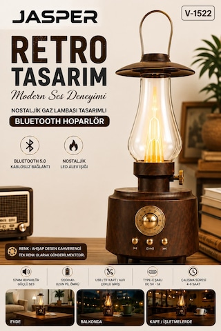Jasper Jpr-1522 Retro Bluetooth Hoparlör Nostaljik Gaz Lambası Tasarımlı Led Alev Işığı 57mm 5w