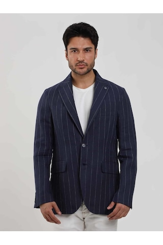 Dufy Lacivert Erkek Regular Fit Çizgili Sivri Yaka Keten Ceket - 104439-lacivert Lacivert
