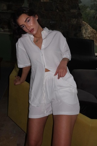 Madmext Beyaz Basic Kadın Şort Gömlek Takım Mg2361