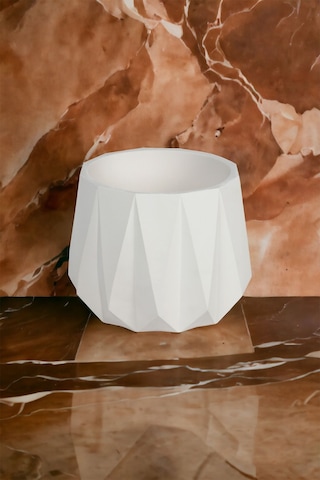 Dekoratif Beyaz Beton Saksı Kaktüs Sukulent Bambu Çiçek Saksısı 22 Cm