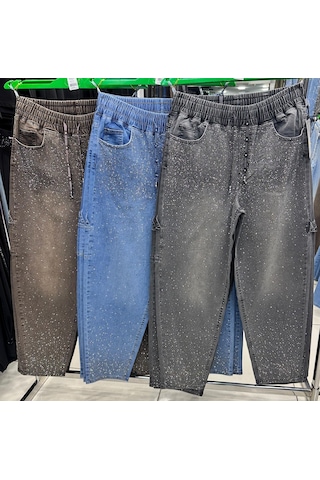 Zanessi Fashıon Büyük Beden Yüksek Bel Taş Detaylı Likralı Denim Mom Fit Kadın Pantolon Mavi