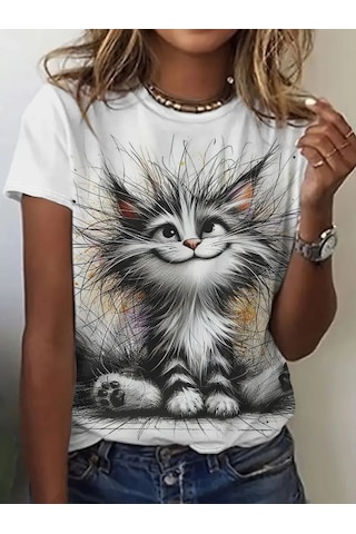 Kadın Kısa Kollu Bisiklet Yaka Kedi Baskılı Süprem Bluz Beyaz