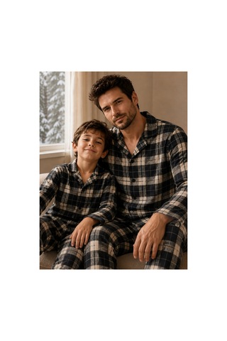 Free Beka Ekose Desenli Baba Oğul Uzun Kollu Gömlek Yaka Düğmeli Erkek Pijama Takımı Çok Renkli