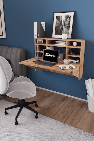 Df01104cm Duvara Monte Katlanır Çalışma Masası Raflı Duvar Masası, Minimal Tasarım Atlantik Çam