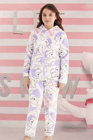 Kız Çocuk Kadife Polar Ayıcık Desen Pijama Takımı 240525 Ekru02 Ekru02