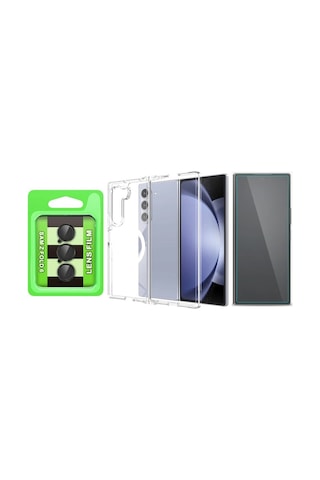 Vendas Galaxy Uyumlu Z Fold 6 Kılıf M-safe Şarj Özellikli Şeffaf Sert Pc Zore Embos Kapak + Kamera Lens + Nano Ekran Koruyucu Şeffaf
