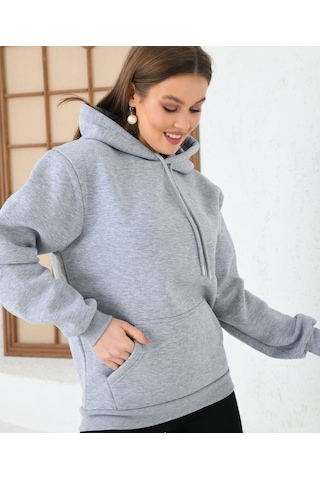 Unisex Basic Regular Fit Kapuşonlu Içi Yumuşacık Tüylü Kanguru Cep Detaylı Sweatshirt Gri