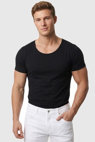 Deepsea Erkek Siyah Geniş Yaka Likralı Tişört Oval Yaka Slim Fit Eteği Oval Açık Yaka T-shirt 1801199 Siyah