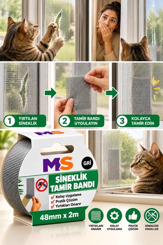 4 Adet Yapışkanlı Gri Sineklik Tamir Bandı 48 Mm X 2 Metre Yaması Tülü Bantı Delik Onarımı Yapıştırma 48 x 48