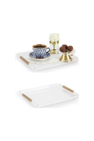 Memonza Şeffaf Akrilik Dekoratif Tepsi Pirinç Kulplu Orta Boy 26 X 21 X 2,5 Cm Organizer Sunum Tepsisi Diğer