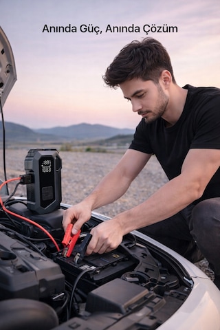 4 İn 1 Şarjlı Akü Takviye Cihazı 16.000 Mah Akım Koruma Güçlü Seri Lastik Şişirme, Led Fener