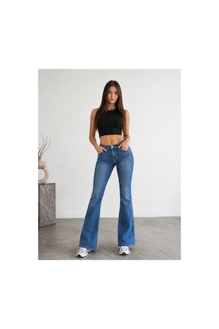 Bluemarlin Mavi İşlemli Ön İşlemli Likralı Tam Kalıp Denim İspanyol Paça Jeans Pantolon Mavi İşlemli