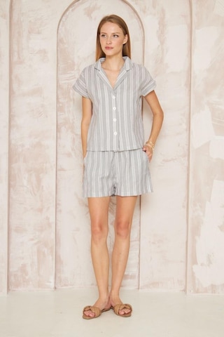 Kadın Özel Kumaş Ceket Yaka Beli Lastikli Kısa Kol Gömlek Cepli Şort Takım 3625290 Siyah - Beyaz