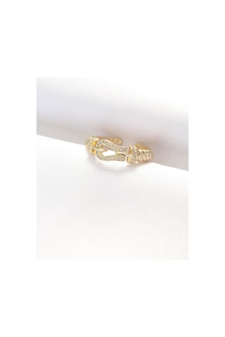 Kemer Tokası Tasarımlı Gold Renk Zirkon Taşlı Ayarlanabilir Yüzük Altın