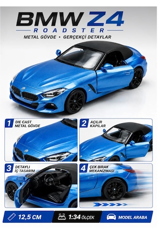Oyuncak Bmw Z4 Diecast Açılır Kapılı Çek Bırak Metal Roadster Cabrio Model Spor Araba 1:34 Ölçek 12,5 Cm Mavi