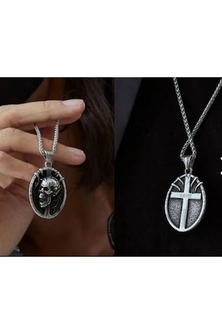 Paslanmaz Çelik Çift Taraflı Kullanım Kurukafa Kolye Gümüş