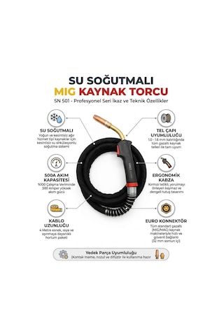 Sn 501 Su Soğutmalı Mıg Kaynak Torcu 500a 4 Metre - Euro Tipi Gazaltı Tabancası