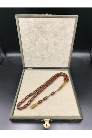 Osmanlı Benzetme Sıkma Kehribar Tesbih Tütün Kehribarı, 12x7 Mm Gümüş
