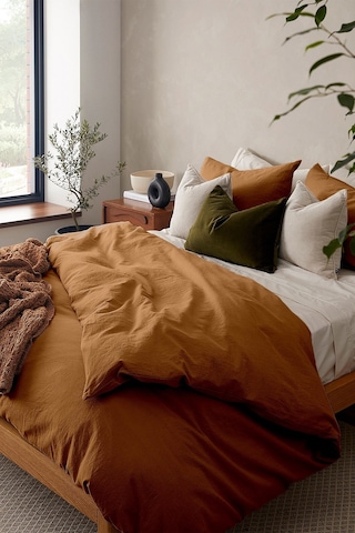 Vivamaison Keten Yıkanmış Camel Renk Çift Kişilik Nevresim Yastık