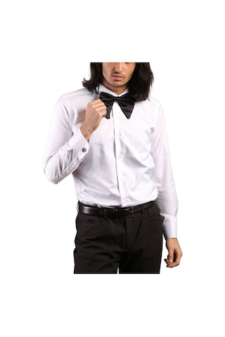 Dicotto Beyaz Gizli Pat Damatlık Ata Yaka Kol Düğmeli Slim Fit Smokin Gömlek - 001 001