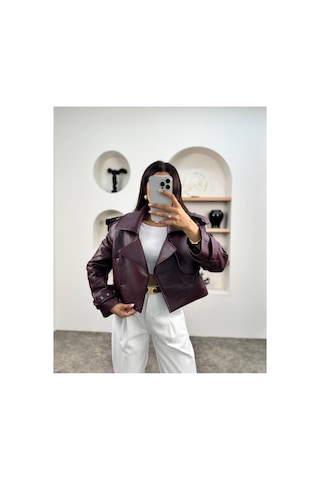 Ihlamurlar Tekstil Kadın Premium Trend Luxury Bordo Suni Deri Tasarım Biker Ceket Bordo Bordo