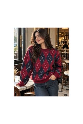 Cloudymood Kadın Bordo Lacivert Baklava Desenli Bisiklet Yaka Oversize Triko Kazak Bordo-lacivert - 937711675 Bordo-lacivert