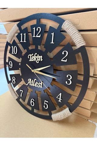 Özel İsimli Ahşap Dekoratif Halatlı Duvar Saati Siyah