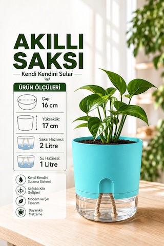 Akıllı Saksı Kendinden Sulamalı Fitilli Modern Dekoratif Saksı 2 Litre 08147596