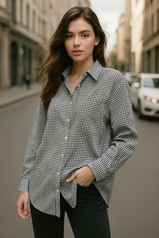 Kadın Siyah Beyaz Kareli Oversize Gömlek Relaxed Over Fit Ekoseli Gömlek Çok Renkli