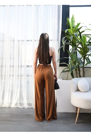 Defymoda Keten Önü Çapraz Parçali Lasti Kli Ve Bağcikli Geni Ş Paça Pantolon Taba