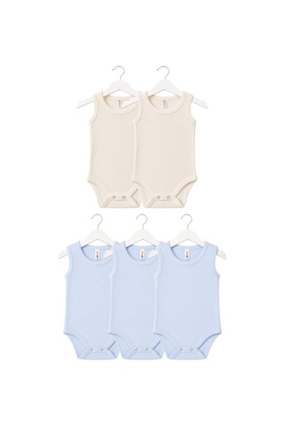 H&c Coolboy H&c 5'li %100 Pamuk Desenli Jakarlı Kolsuz Bebek Body Zıbın 2 Krem - 3 Mavi