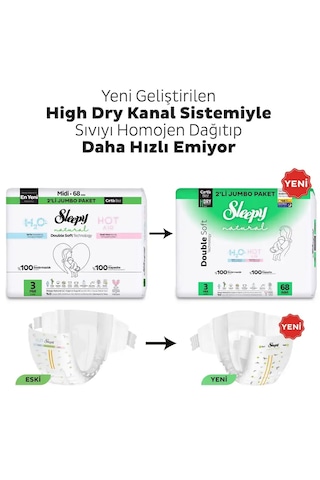 Sleepy Natural Double Soft Avantajlı Mega Paket Bebek Bezi 3 Numara Midi 136 Adet
