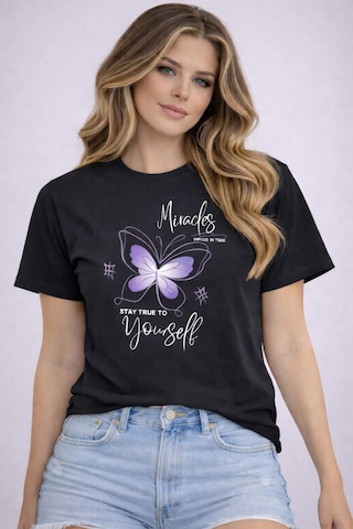 Herkesemoda Stay True Yourself Baskı Detaylı Basic T-shirt Siyah