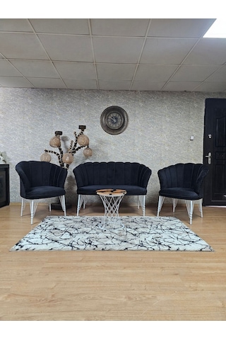 Beyaz Boyalı Tel Ayak Papatya Çay Seti Koltuk Takımı , Çay Seti , Papatya Çay Seti , Koltuk Takımı Siyah