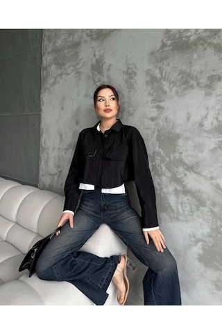 Çift Renkli Kısa Gömlek Siyahbeyaz S4021 Siyah