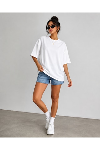 Polymood Kadın 5'li Set Oversize %100 Organik Pamuk Yakası Ribanalı T-shirt Siyah-beyaz-gök Mavisi-pudra-sarı