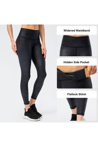 Konesam Kadın Siyah Spor Deri Pantolon - Yüksek Esneklik, Geniş Bel, Yan Canta - Yoga, Koşu, Egzersiz İçin SiYAH