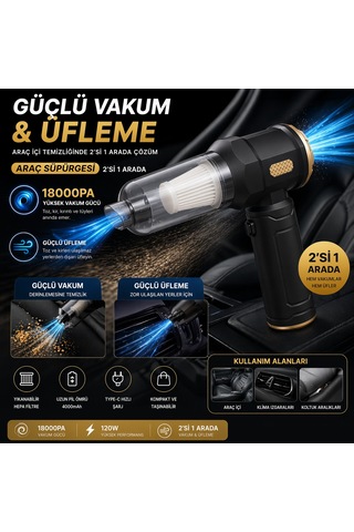 Mega Oto Market 18000pa Şarjlı Araç Süpürgesi & Üfleme Özellikli Kablosuz Mini El Süpürgesi- 2 Kademeli Güç Diğer