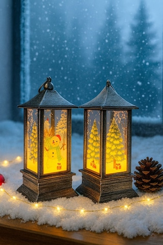 Yeni Yıl Noel Temalı 2 Li Set Işıklı Yılbaşı Feneri Kardan Adam Çam Ağacı Figürlü Fener Gri Set 14cm Çok Renkli