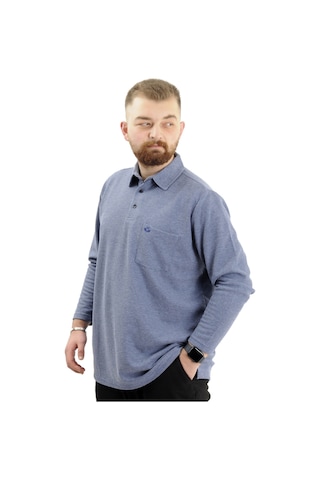 Mode Xl Büyük Beden Erkek Sweatshirt Polo Yaka Uzun Kol Waffle 23449 İndigo İndigo