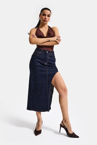 Itsbasic Kadın İndigo Selvedge 7s6-50 Maxi Yandan Yırtmaç Detaylı Tasarım Likralı Kumaş Denim Etek