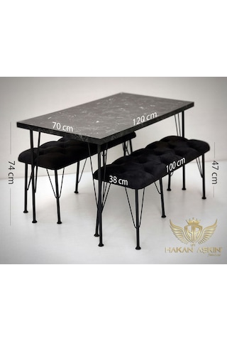 By Hakan Aşkın Metal Ayaklı 70x120cm Black Luxury Table & Bench Series 2024 Siyah