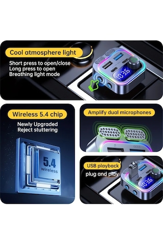 Honeybeeshop Kablosuz Araba Şarj Cihazı Mp3 5.4 66w Hızlı Şarj Pd Qc3.0 Usb Çift Mikrofonlu Hd Ekran Müzik Çalma Araba Ses Sistemi